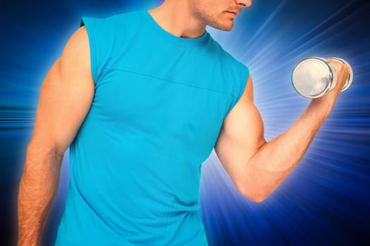 Close-up mid section of fit man exercising with dumbbell against abstract background