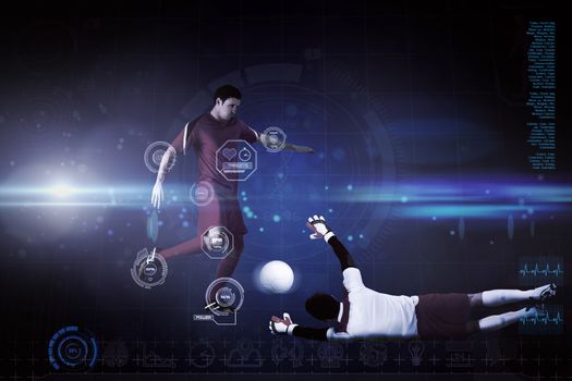 Football players tackling for the ball against blue dots on black background