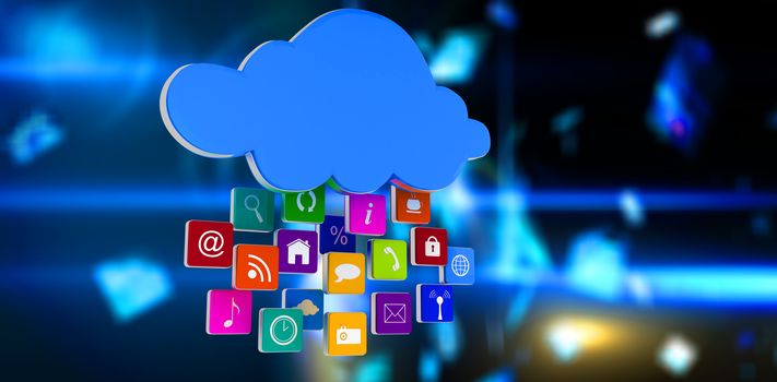 Cloud with apps against floating digital screens in blue