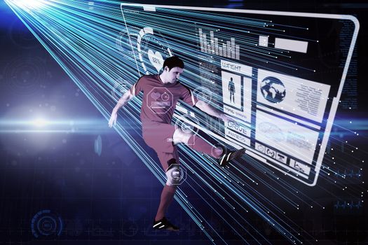 Football player in yellow kicking against abstract technology background