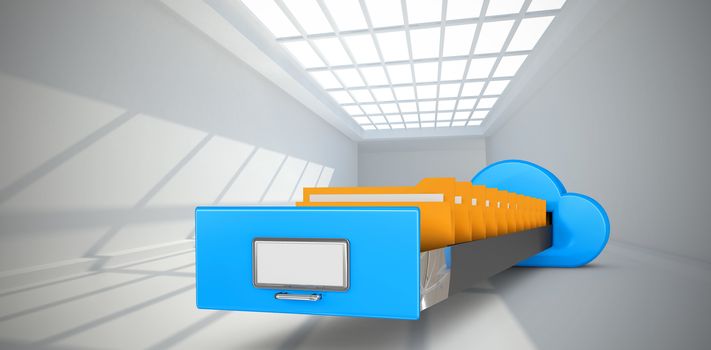 Cloud computing drawer against room with windows at ceiling