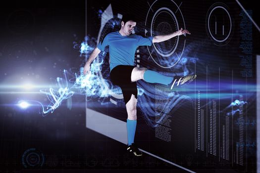 Football player in blue kicking against abstract glowing black background