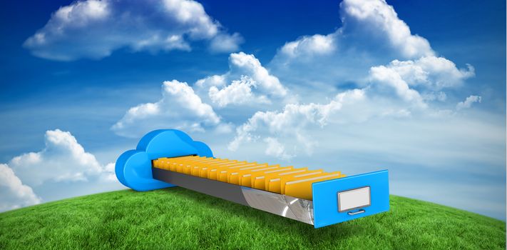 Cloud computing drawer against green field under blue sky