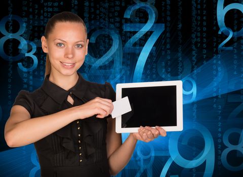 Smiling young woman holging tablet and blank card and looking at camera on abstract blue background with numbers