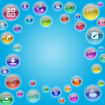 Abstract blue background with icons and bright spot in center