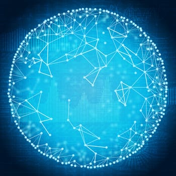 Abstract blue background with connected dots and bright spot in center