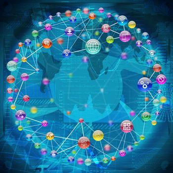 Blue background with colorful connected dots, world map, graphical charts and icons
