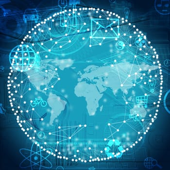 Blue molecule model with world map and icons