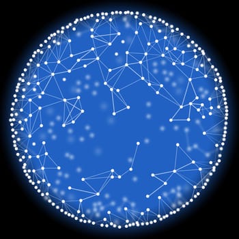 Blue molecule model on black background with bright dots