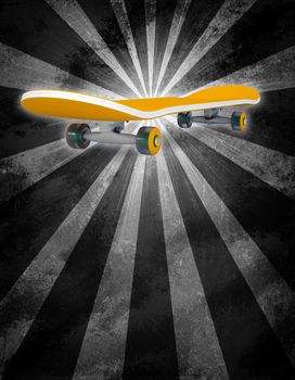 Yellow skateboard on abstract grey background with stripes