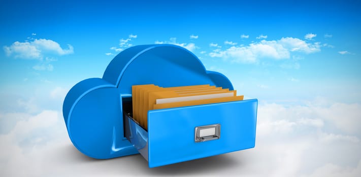 Cloud computing drawer against bright blue sky over clouds