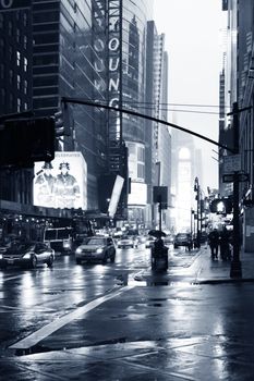 New York, NY, USA - May 20, 2013: Times Square at night, featured with Broadway Theaters and huge number of LED signs, is a symbol of New York City and the United States, May 20, 2013 in Manhattan, New York City