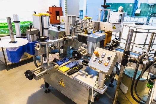 Automatic packing line of conveyor. Pharmaceutical and chemical industry. Manufacture on factory