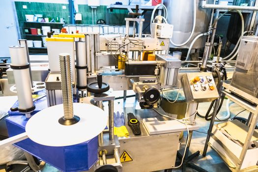 Automatic packing line of conveyor. Pharmaceutical and chemical industry. Manufacture on factory