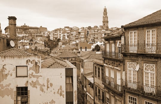Portugal. Porto city. Aerial view over the city. In Sepia toned. Retro style 