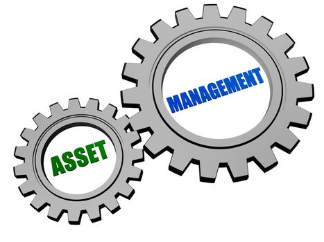 asset management - text in 3d silver grey metal gear wheels, business financial operation concept