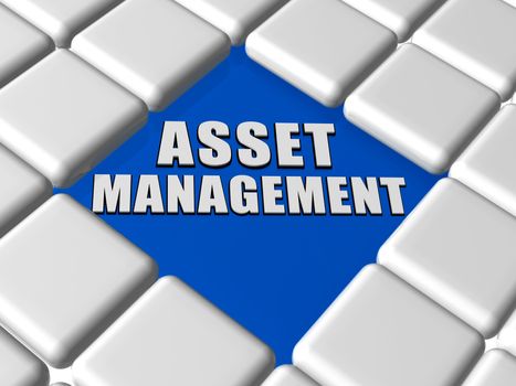 asset management - 3d white text over blue between grey boxes keyboard, business financial operation concept