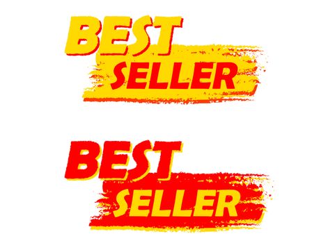 best seller banners - text in yellow and red drawn labels, business shopping concept