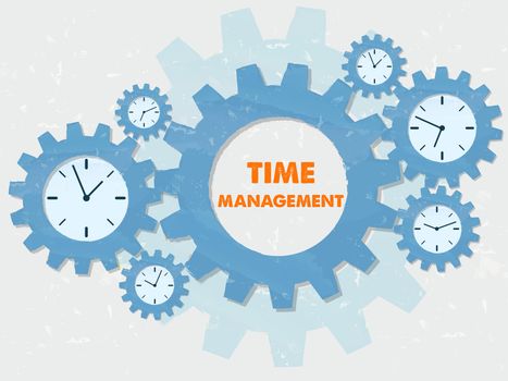 time management with clock signs - business organizing concept words and symbols - red text in blue grunge flat design gear wheels