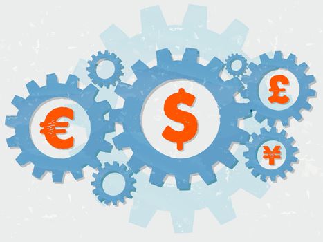 euro, dollar, pound and yen signs - business finance and monetary units concept - red symbols in blue grunge flat design gear wheels