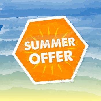 summer offer banner - text in orange hexagon label over yellow blue drawn background, business seasonal shopping concept