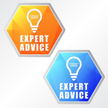 expert advice and bulb symbols - two colors hexagons web icons with signs, flat design, business service support concept