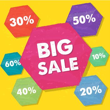 big sale and percentages in hexagons over yellow background, grunge flat design, business shopping concept