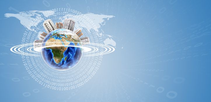 Earth model with circles around and world map on blue background. Elements of this image furnished by NASA