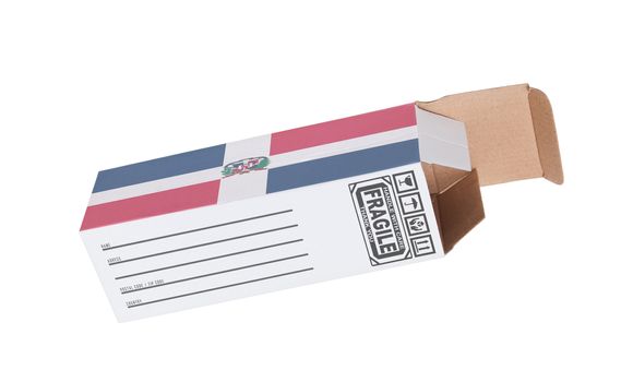 Concept of export, opened paper box - Product of Dominican Republic