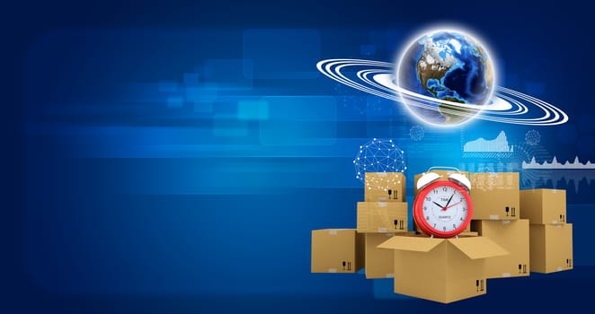 Earth model with rings, alarm clock, cardboard boxes set on blue background. Elements of this image furnished by NASA
