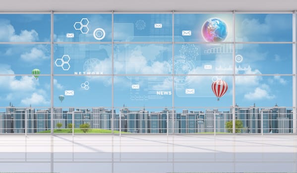 Cityscape outside window, fine weather with balloons, indoor view. Elements of this image furnished by NASA