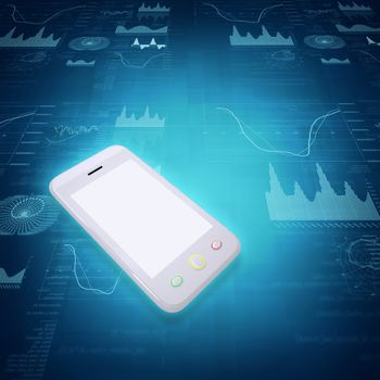 White mobile phone with blank display on abstract blue background with graphical charts