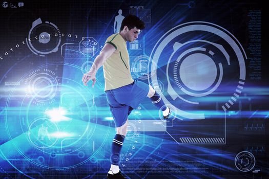 Football player against blue technology background