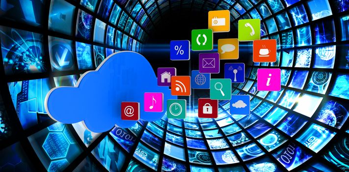 Cloud with apps against vortex of digital screens in blue