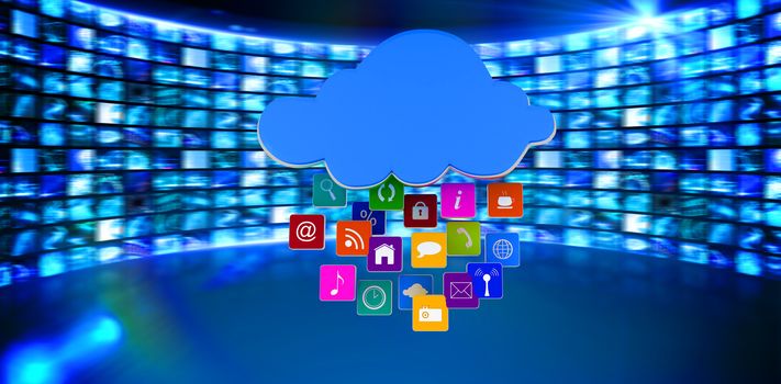 Cloud with apps against curve of digital screens in blue