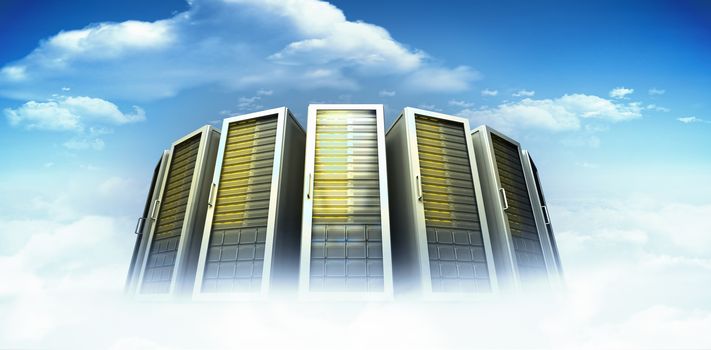 Server towers against bright blue sky with clouds