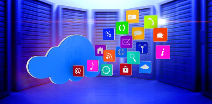 Cloud with apps against server room