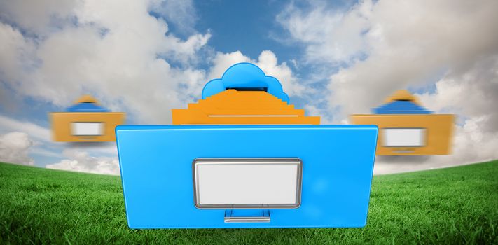 Cloud computing drawer against green field under blue sky