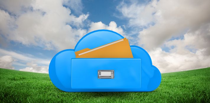 Cloud computing drawer against green field under blue sky