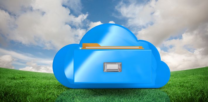 Cloud computing drawer against green field under blue sky
