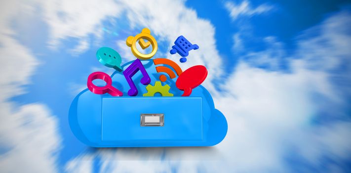 Cloud computing drawer against bright blue sky with clouds