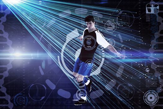 Football player against abstract technology background