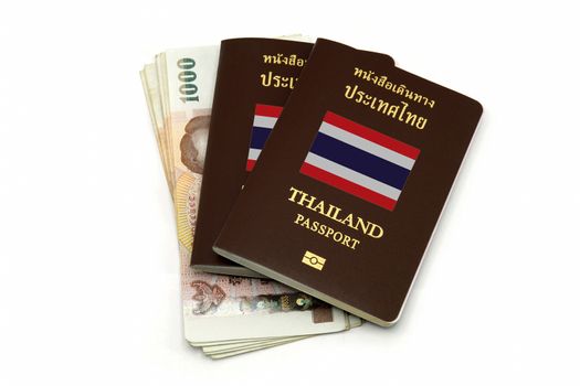 Thailand passport and Thai money isolated on white background for Travel or A.E.C. concept