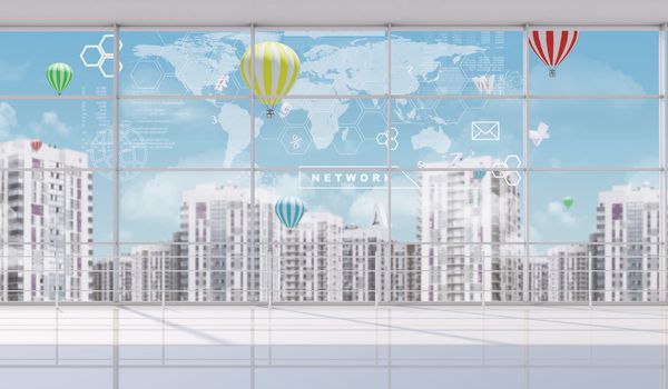 Cityscape outside window with world view, fine weather with balloons, indoor view