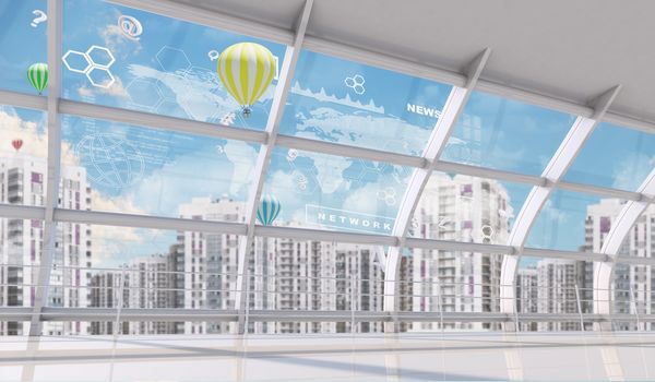 Cityscape outside window with world view and icons, fine weather with balloons, indoor view