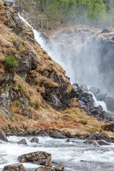 waterfall in Norway. mountain landscape in early spring