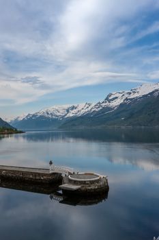 scenic landscapes of the northern Norwegian fjords in spring . The small jetty