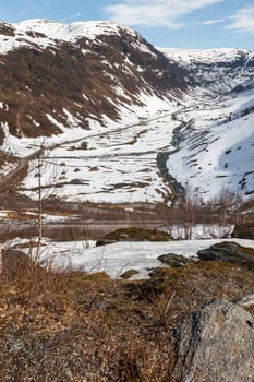 Mountains, snow-covered fjord, Norway in the spring