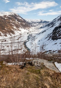 Mountains, snow-covered fjord, Norway in the spring