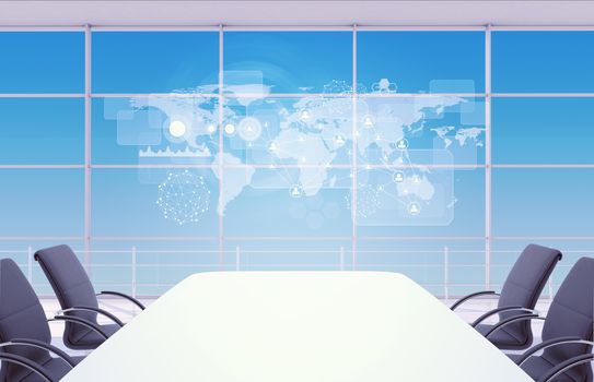 Business office on abstract blue background with virtual world map, connected points